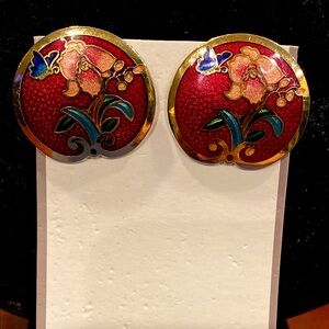 Signed Cloisonné Florals Butterfly Post Earrings. Gold Tone.